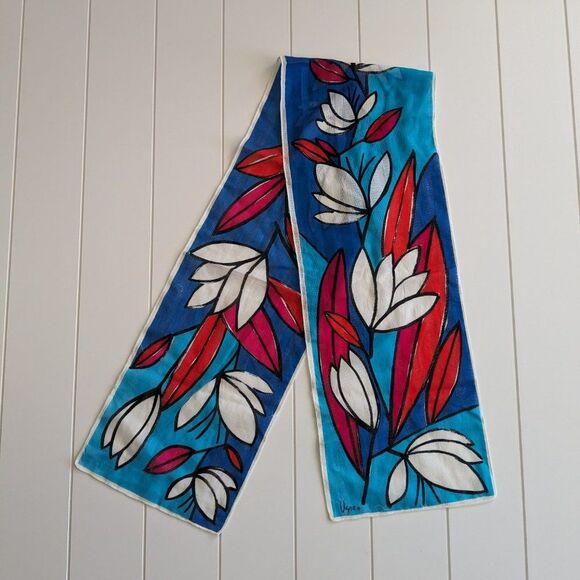 Vera Floral Design Scarf - Rectangular - 57" x 10" - Blue, Pink, Red, White - Picture 2 of 8
